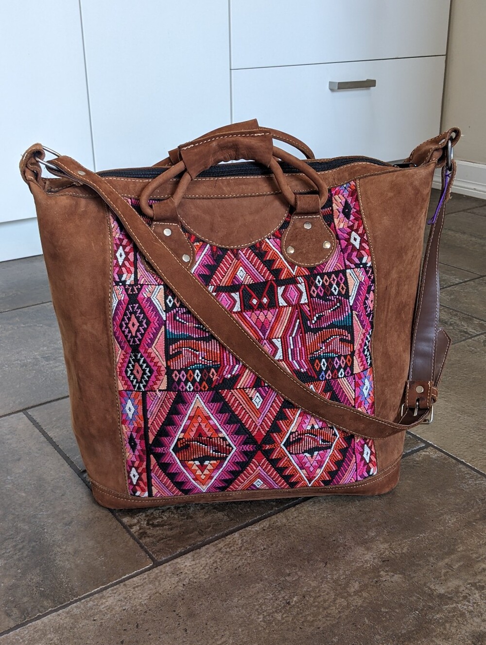 Gypsies+Debutantes Boho Huipil Embroidery Suede Chic Weekender Travel Tote Bag